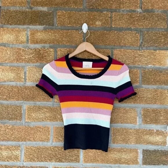 CINQ À SEPT Nicolette Stripe Ribbed Top In Rainbow SIZE MEDIUM - Picture 4 of 10